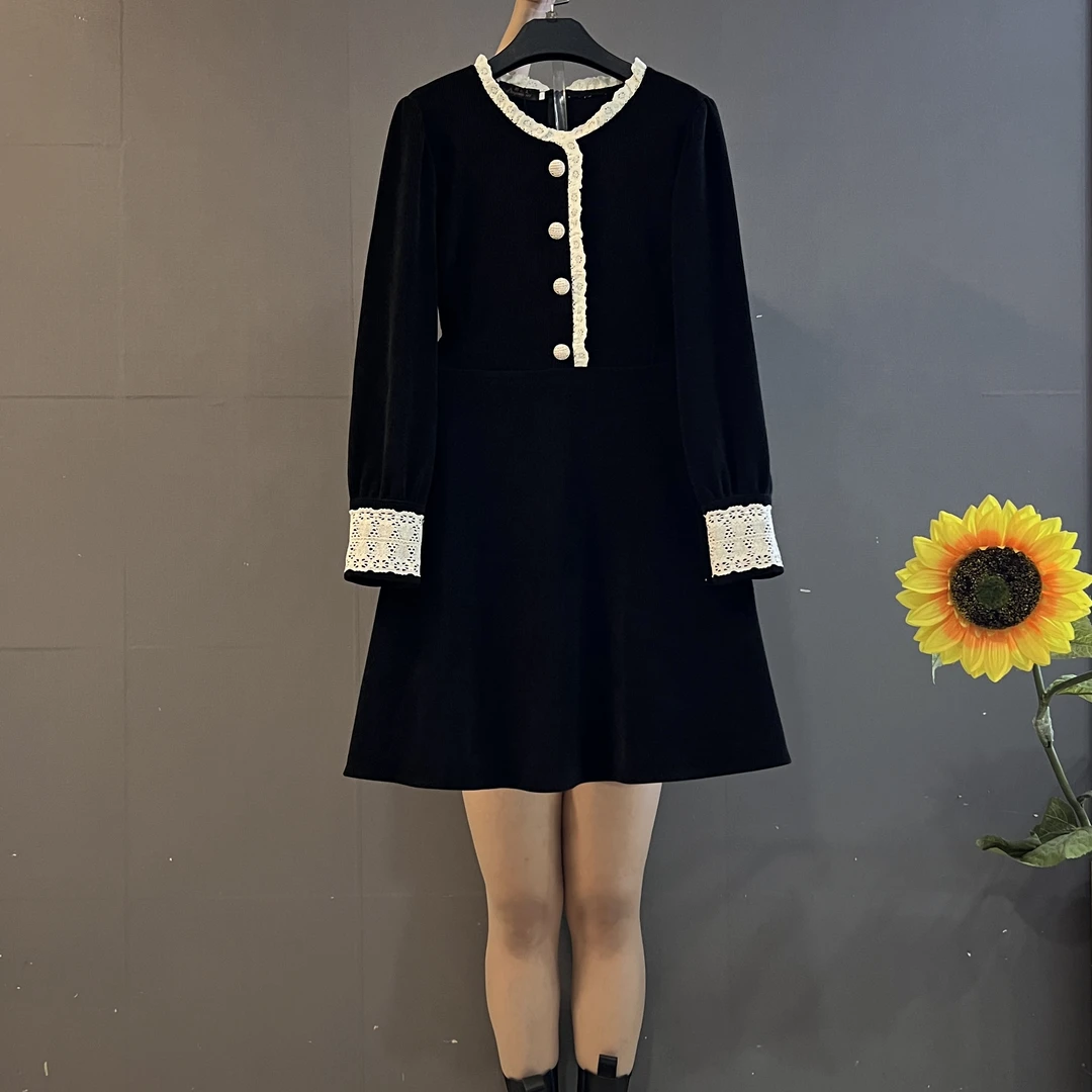 时尚大码女装拼接花边显瘦气质连衣裙秋冬小香风