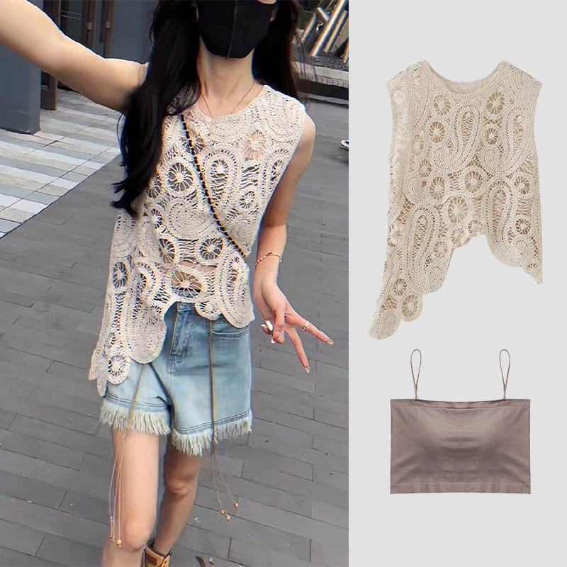 设计感钩花镂空韩版马甲上衣女夏季新款外穿不规则无袖背心