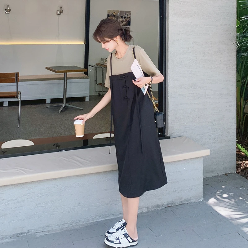 轻奢风假两件法式小众连衣裙女夏2025新款韩版宽松洋气设计感黑色