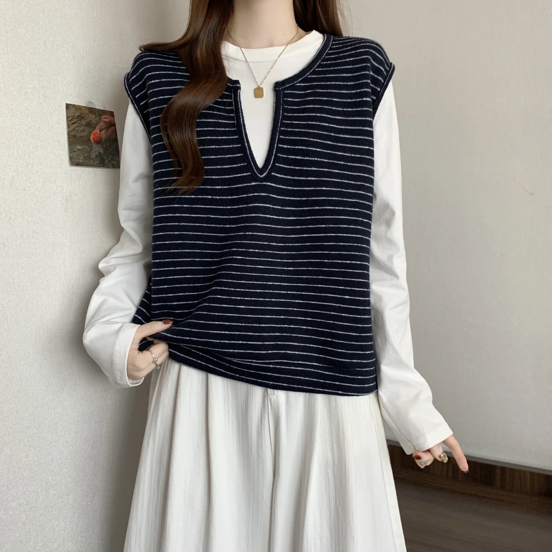 大码时髦拼接假两件针织t恤上衣女秋冬胖mm显瘦设计感长袖打底衫