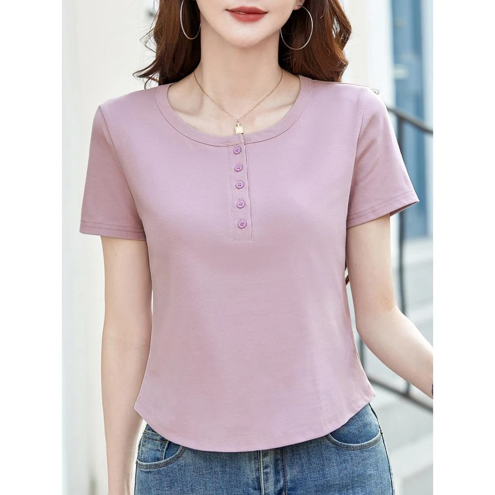 纯色圆领正肩短袖T恤女2025夏季弧形下摆修身体恤小个子短款上衣