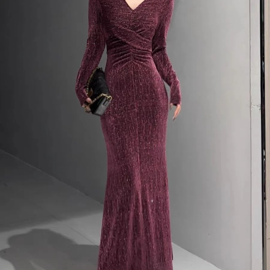 气质亮晶晶时尚连衣裙长袖烫钻显瘦大长裙扭结设计收腰优雅鱼尾裙