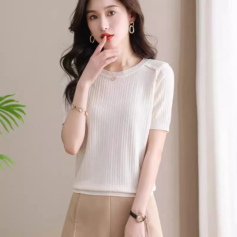 2025夏季新款t恤女宽松百搭显瘦针织体恤气质上衣新短袖毛衫
