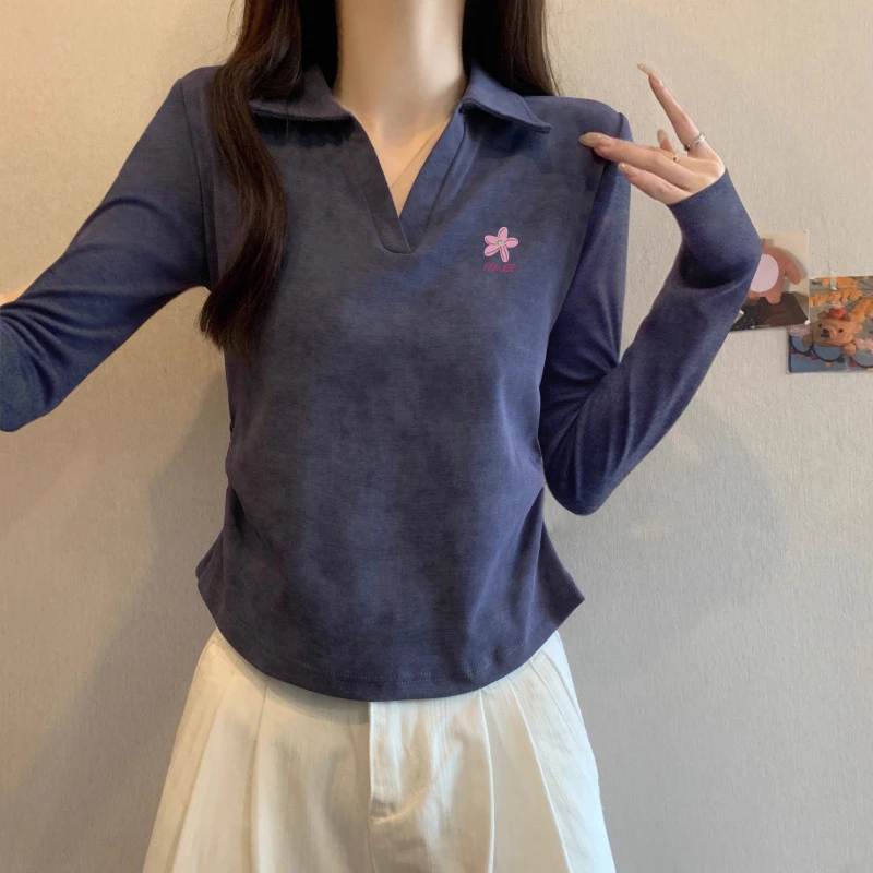 秋季新款polo领纯棉扎染长袖t恤女设计感小众收腰辣妹打底衫上衣