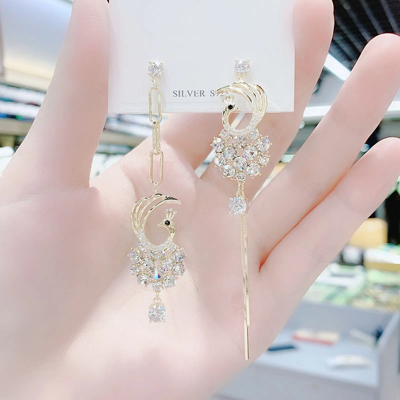 合金耳饰 韩版时尚AB款凤凰流苏耳环女长款镶钻个性网红不对称耳