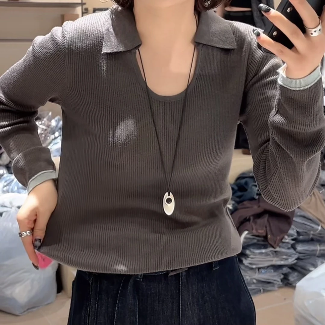 纯欲风时尚气质显瘦长袖针织衫女2025秋季百搭U领polo领上衣