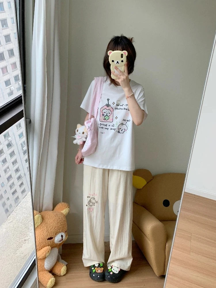 日系可爱猫咪刺绣休闲直筒裤女夏季薄款宽松甜美百搭显瘦山本裤子