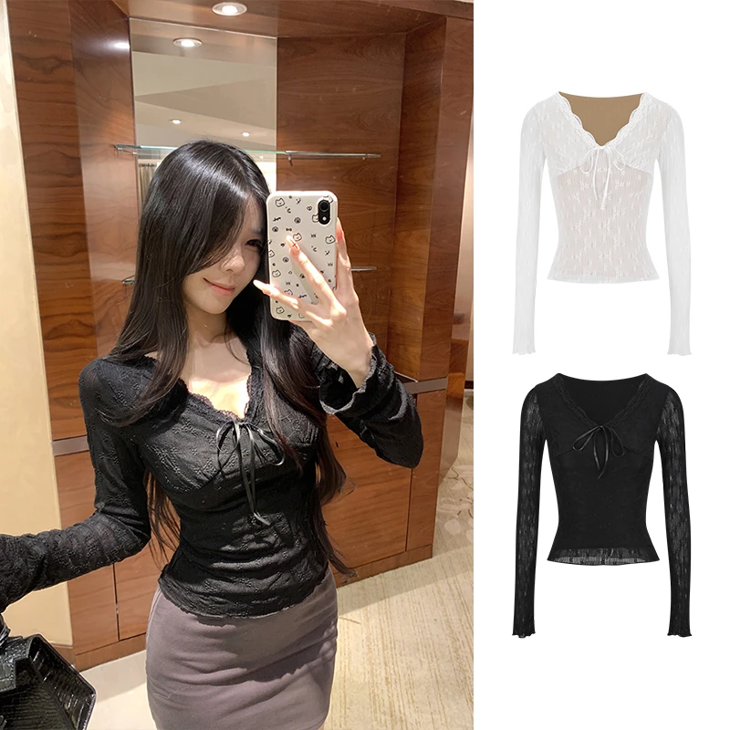 Moses Queen/魔西女王纯欲蝴蝶结加厚加绒蕾丝衫上衣修身显瘦长袖