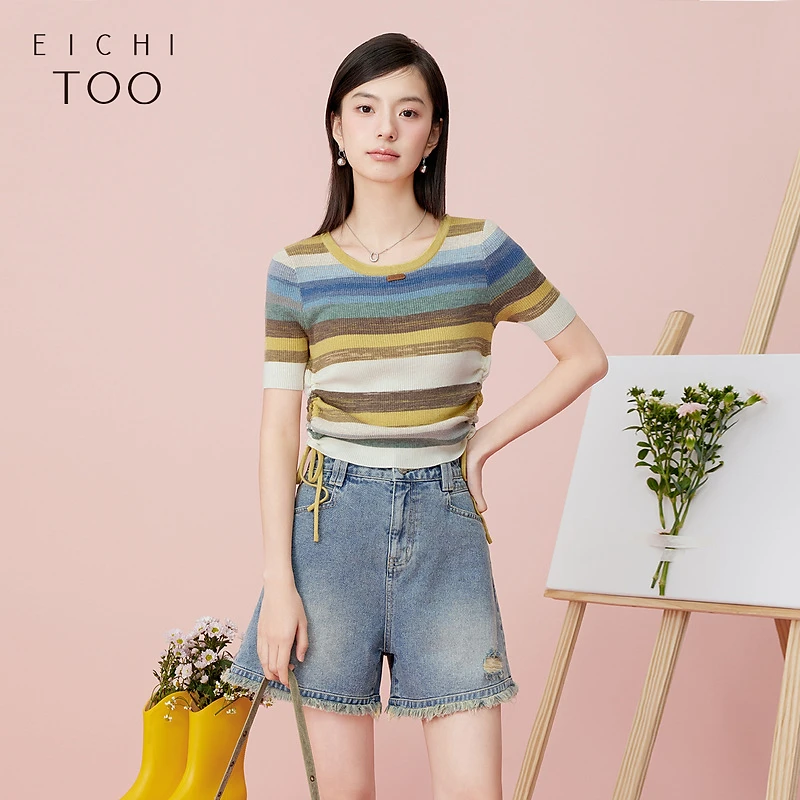 爱居兔夏季新款撞色设计感休闲温柔短袖针织衫ENZBJ2P001A