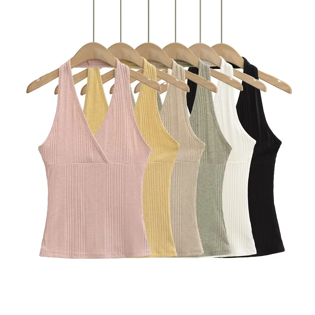 25078夏季新款辣妹风交叉V领挂脖露背吊带背心女修身洋气上衣