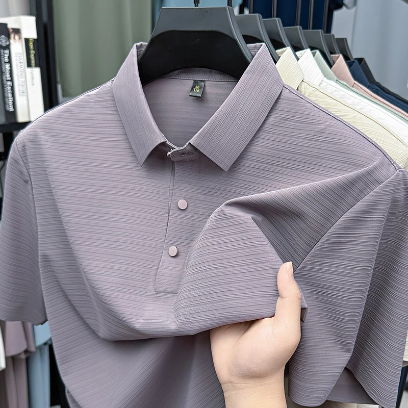 夏季锦氨无痕短袖T恤男装翻领弹力凉感上衣中年休闲半袖Polo衫男