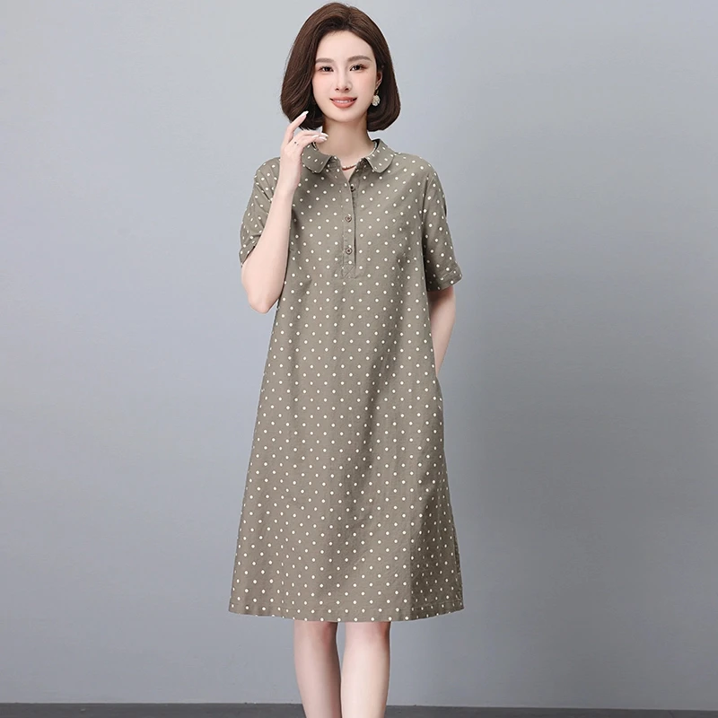 棉麻连衣裙女2025新款夏季气质中年妈妈遮肚显瘦亚麻波点衬衫裙子