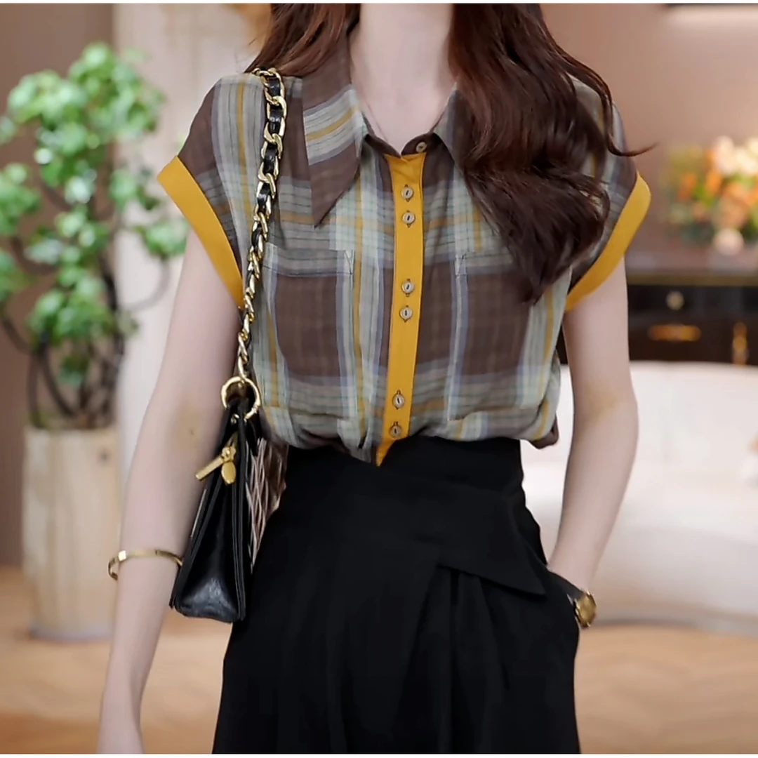 现货2025韩版简约复古感格子轻薄衬衫女春夏新款松弛感撞色衬衣潮