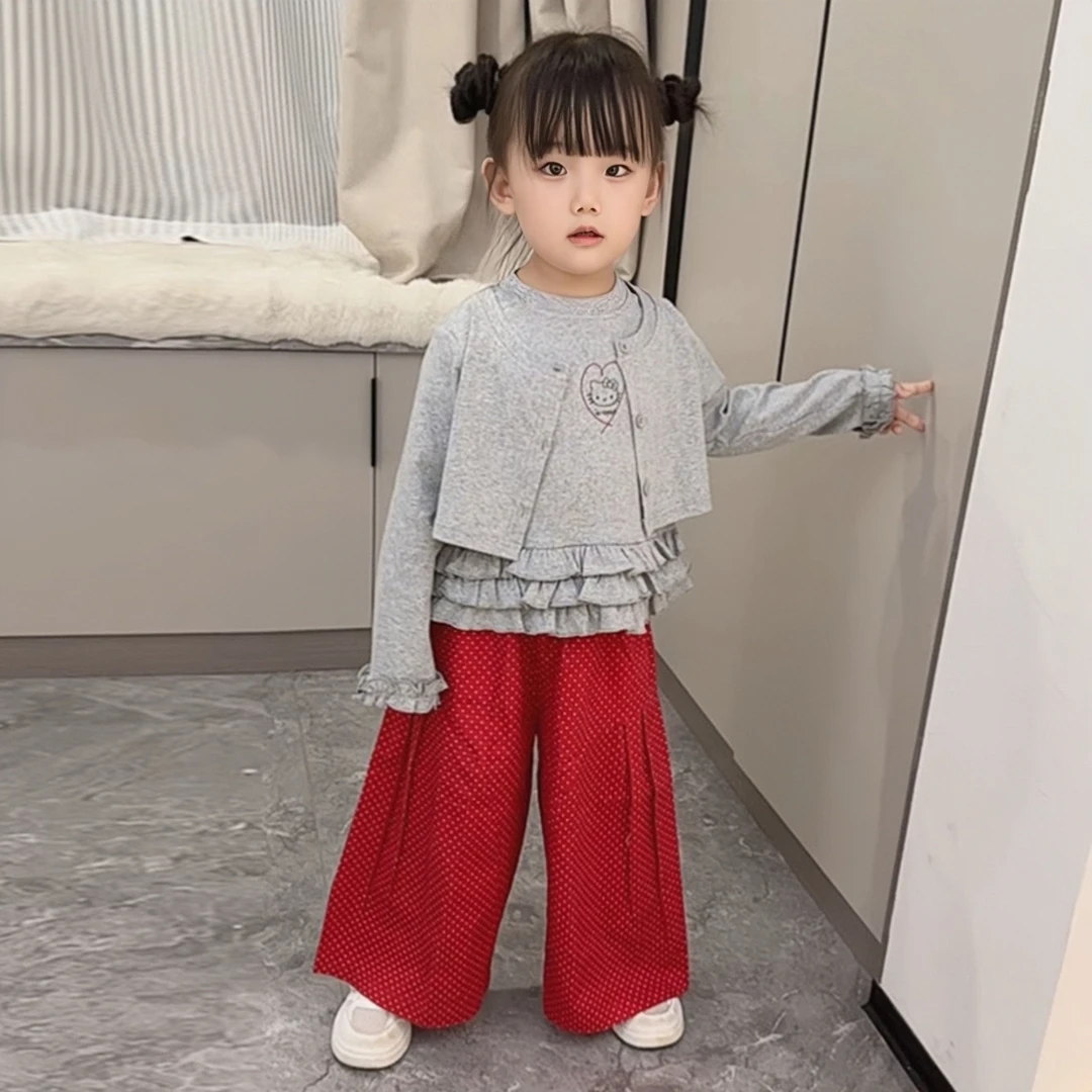 儿童2025秋季新款套装女童韩版假两件针织T红色波点裤洋气两件套