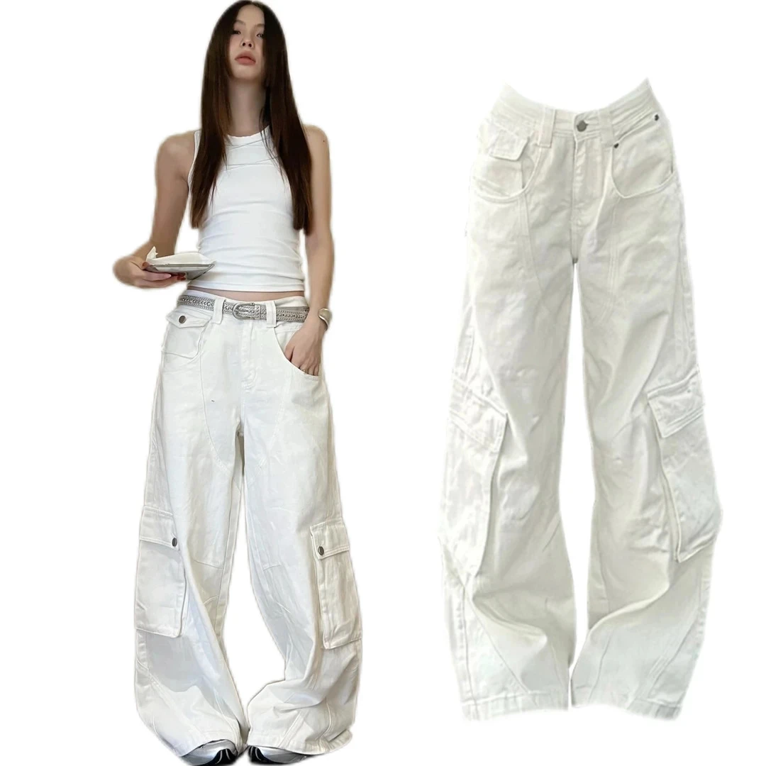 美式高街宽松显瘦白色牛仔裤女春季高腰百搭阔腿大口袋拖地工装裤