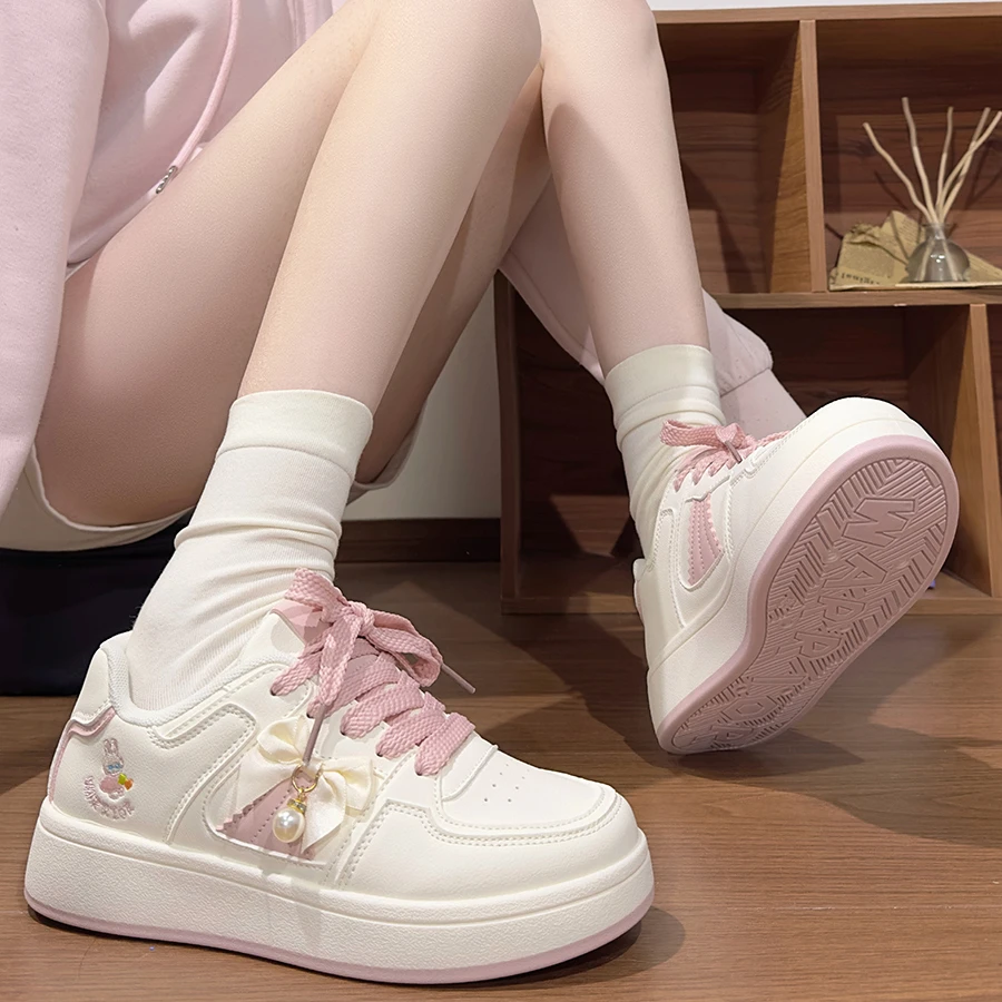 回力粉色蝴蝶结板鞋女2026爆款可爱兔子百搭鞋子潮厚底休闲小白鞋