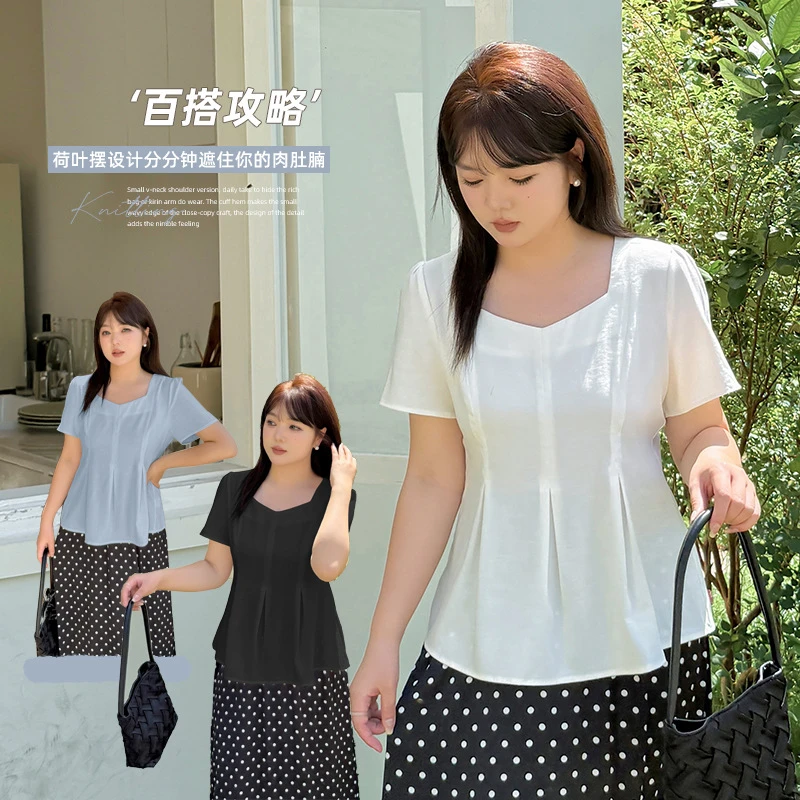 法式方领甜美短袖雪纺衫女2025夏季新款收腰遮肚荷叶摆上衣212395