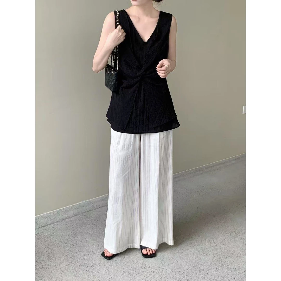 57191#抹茶#韩版时尚条纹松紧腰“麻麻”阔腿休闲裤(福利)