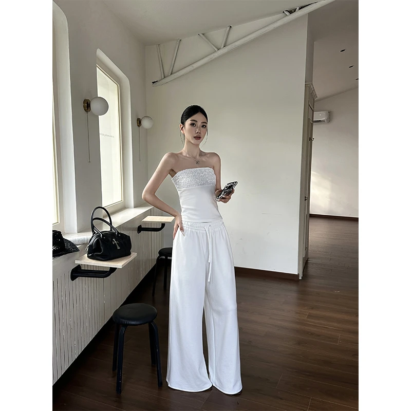 VENUIE【波尔街区】网纱拼接抹胸小吊带两件套高腰阔腿休闲裤21947