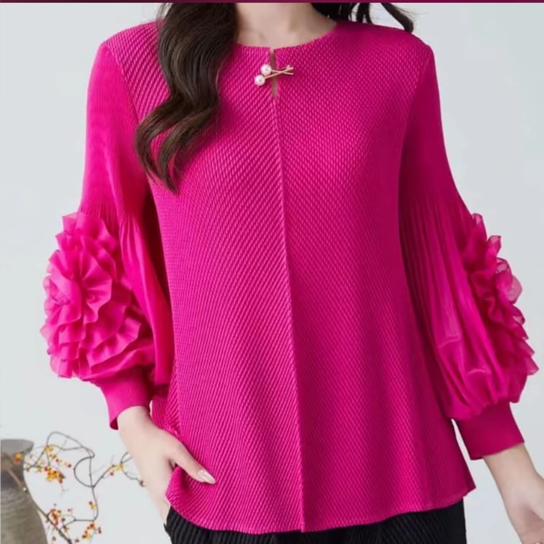 袖口大花褶皱长袖休闲衫