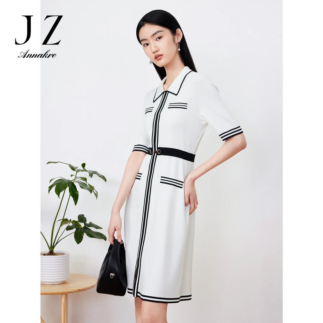 JZ玖姿JTDX31603法式小香风连衣裙夏季新款条纹针织开衩裙