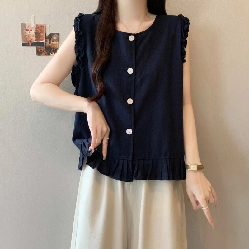 大码法式木耳边无袖衬衫女夏季微胖MM宽松显瘦百搭洋气荷叶边上衣