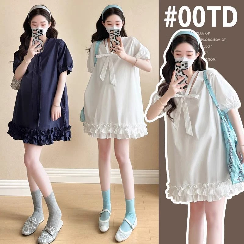 孕妇裙2025新款小个子韩版V领花边裙夏季时尚法式宽松气质连衣裙