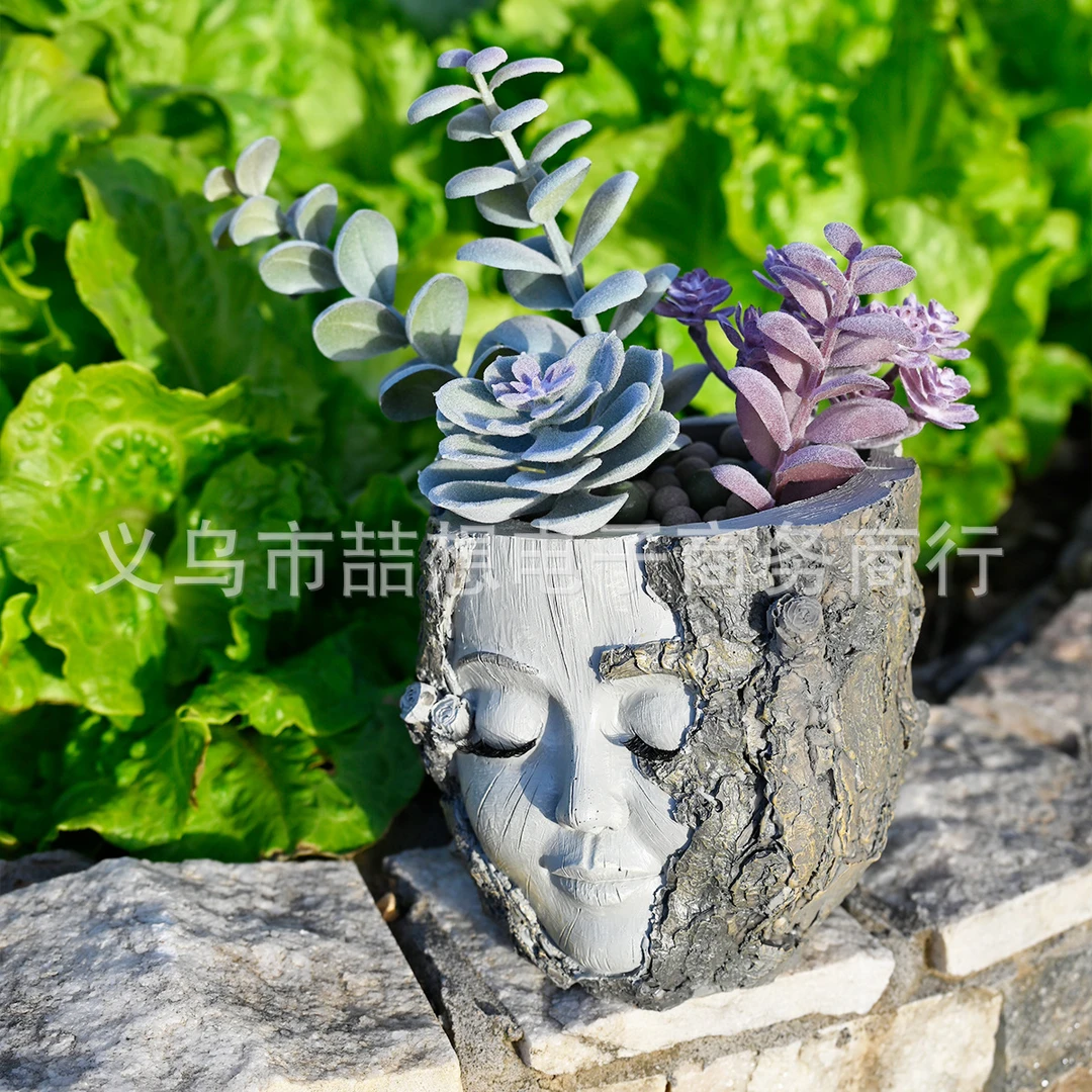 跨境代发万圣田园风格树脂动物工艺女孩树桩人脸花盆家居庭院花园