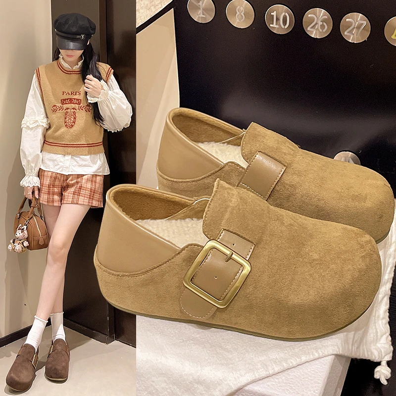 厚底内增高勃肯鞋女2025新款秋冬加绒保暖豆豆鞋一脚蹬两穿二棉鞋