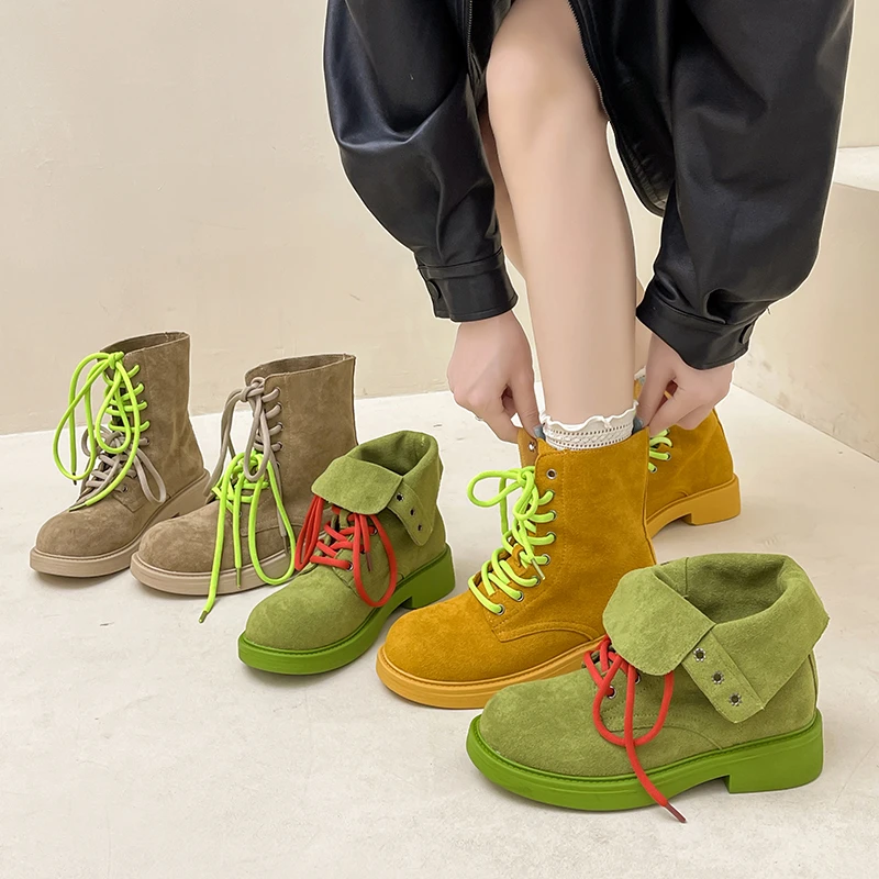 OJRZ复古时尚撞色厚底百搭系带短靴女2025秋冬新款平底女鞋马丁靴
