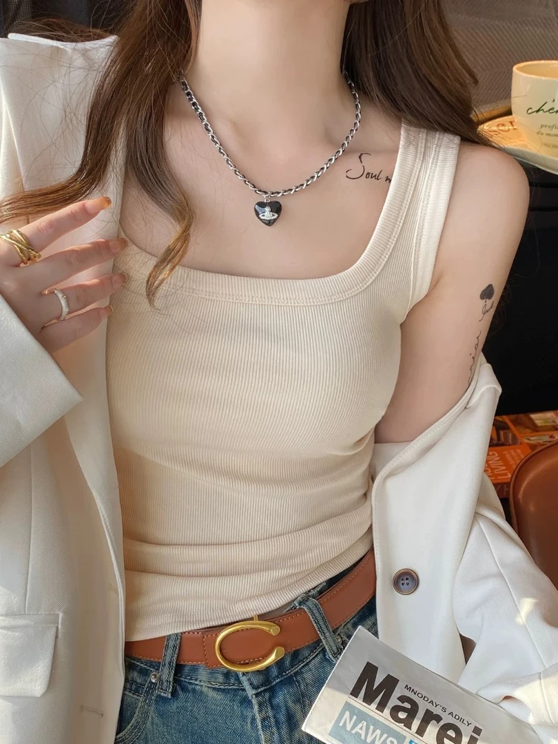 方领小吊带背心女内搭西装2025新款纯棉夏外穿白色带胸垫打底上衣