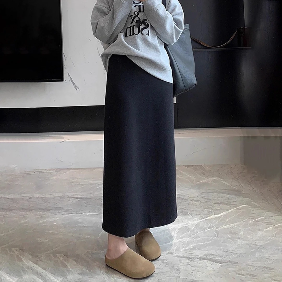 黑色醋酸羊毛半身裙女秋冬高腰显瘦毛呢包臀后开叉中长直筒A字裙