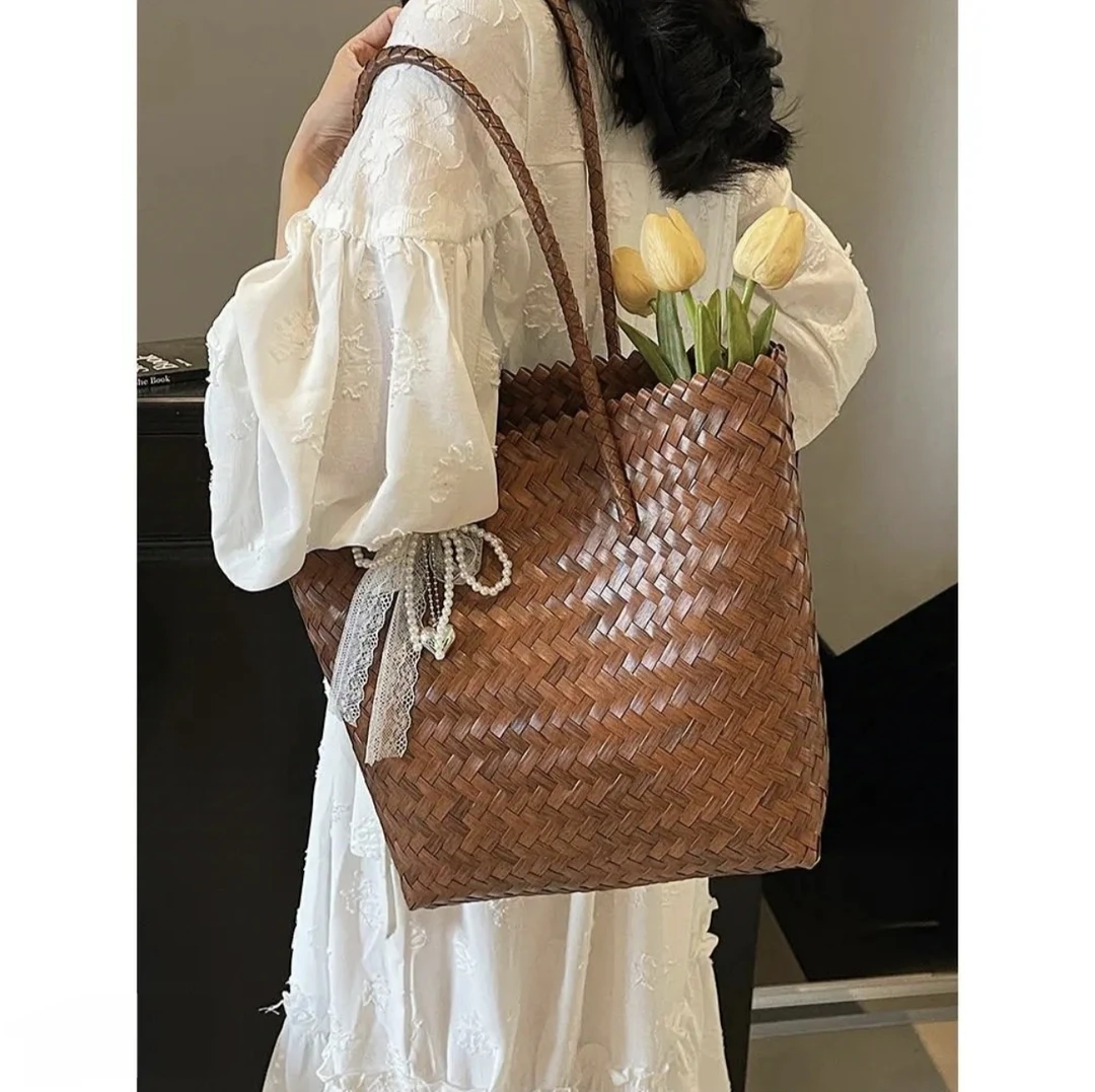 （送挂饰）大号40*30长肩带单肩包手工编织包简约文艺夏季编织百搭