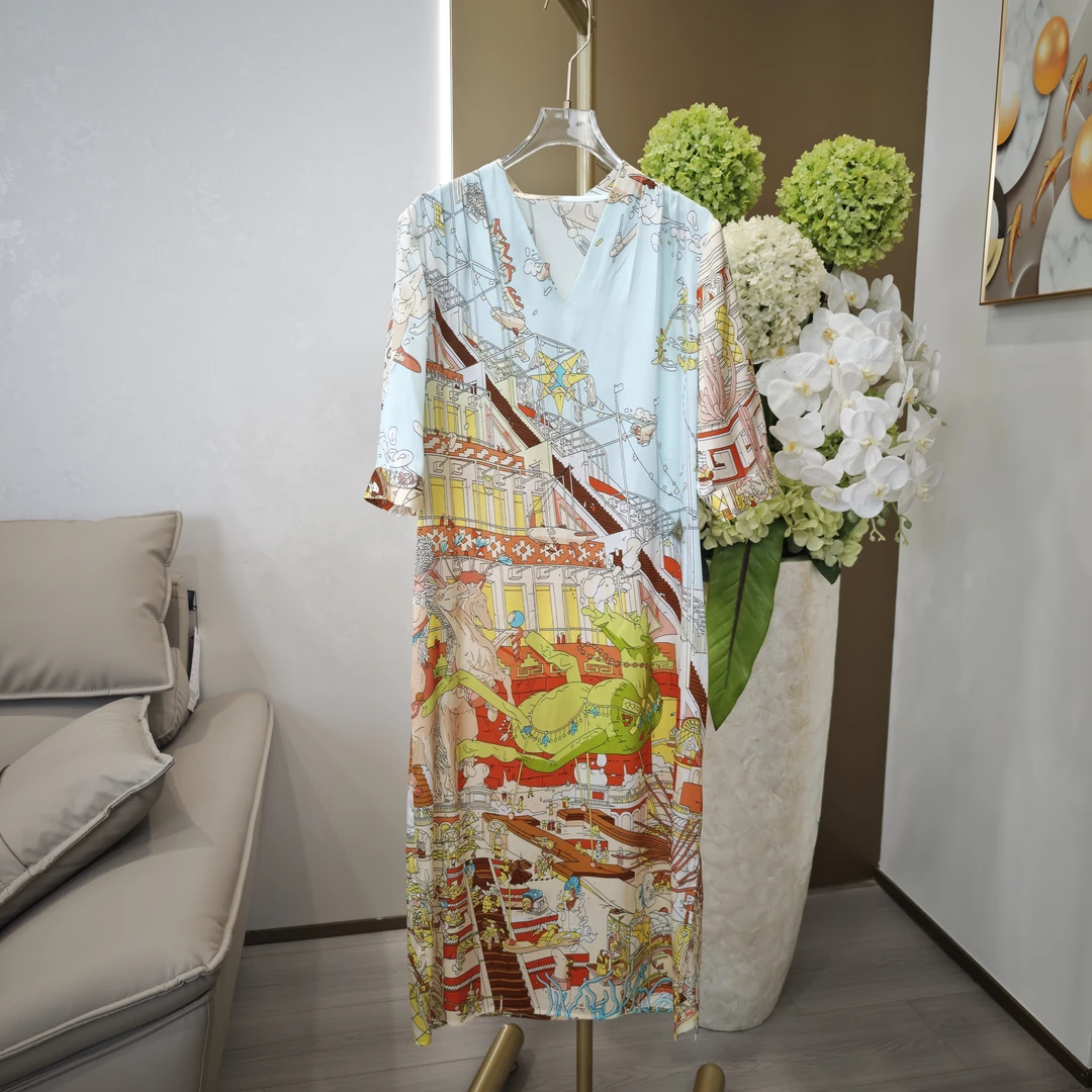 【宸慕】印花套头花色连衣裙中袖女士桑蚕丝连衣裙25709