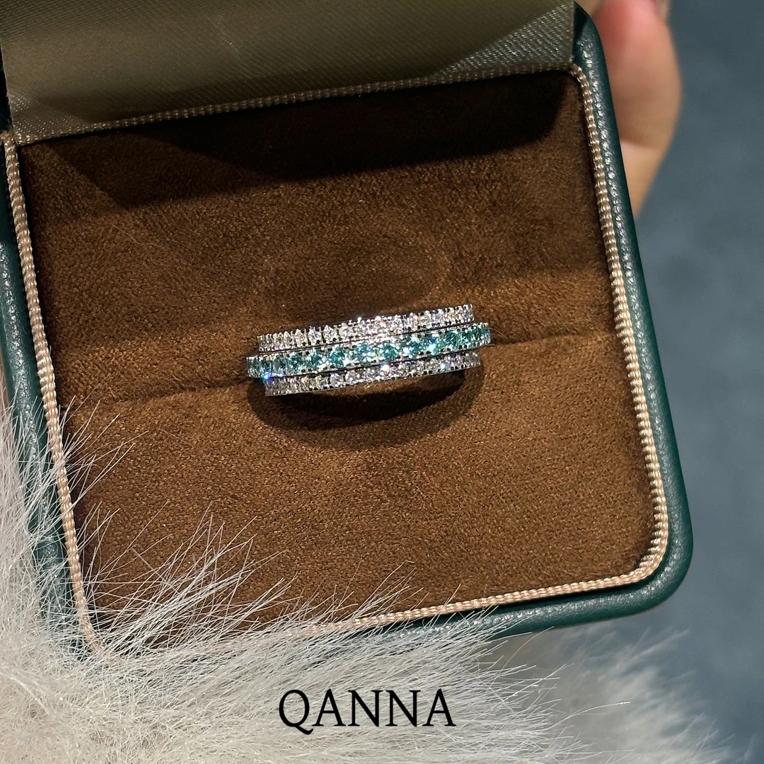 QANNA【满钻蓝色时来运转】【设计款】18K金豪华时尚旋转钻石戒指AY