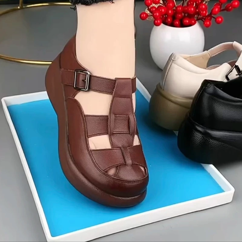 牛皮罗马凉鞋女2025夏季新款真皮厚底镂空透气女鞋包头凉鞋妈妈鞋
