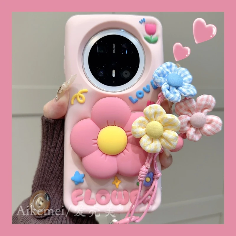 适用华为mate70pro+手机壳粉色立体花朵支架mate60pro+硅胶套挂绳