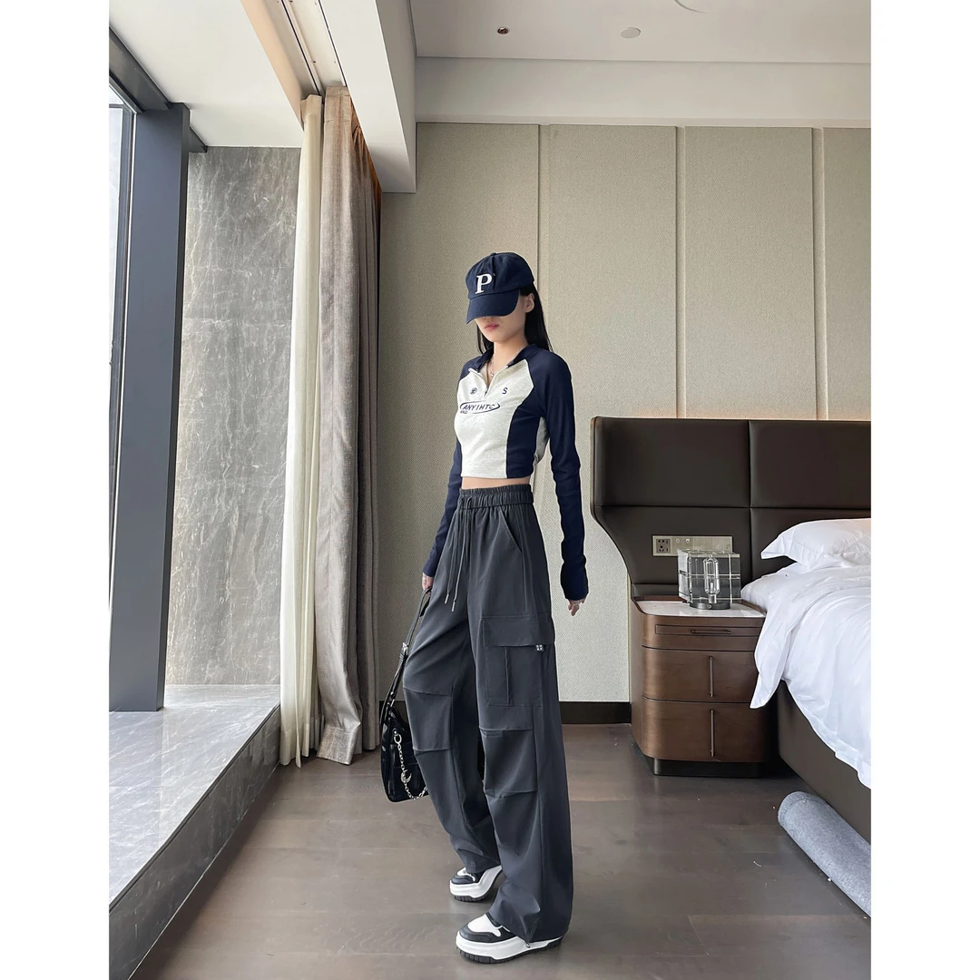 2025春秋新款休闲百搭束脚高腰工装裤甜辣运动高街窄版直筒阔腿裤