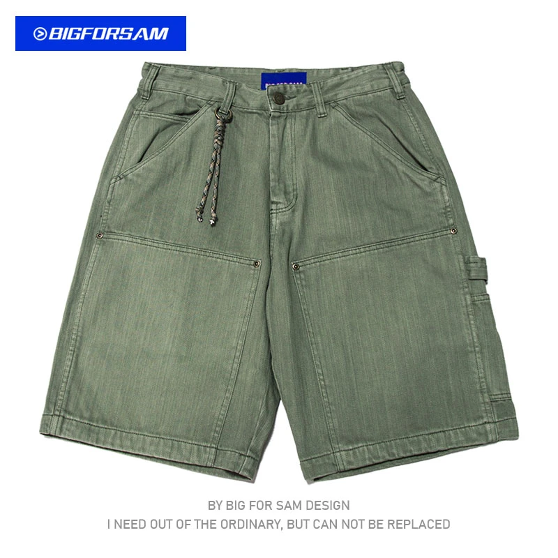 BIGFORSAM美式复古做旧伐木工装短裤夏季重磅水洗宽松多袋五分裤