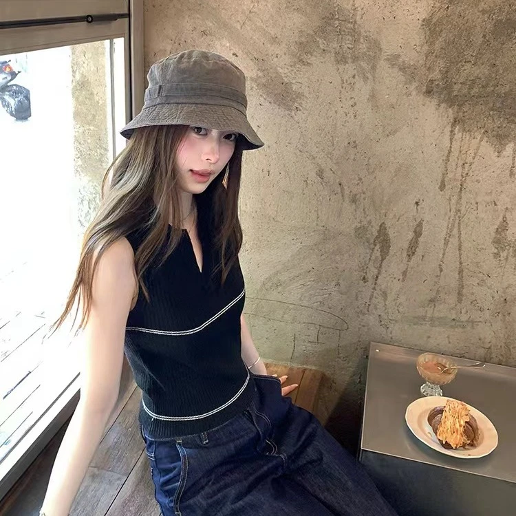 撞色polo领针织背心女夏季韩版百搭简约修身显瘦时尚外穿无袖上衣