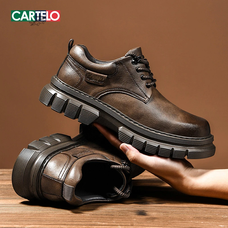 秋冬新款休闲皮鞋男厚底工装大头男鞋低帮上班轻便英伦加绒马丁靴