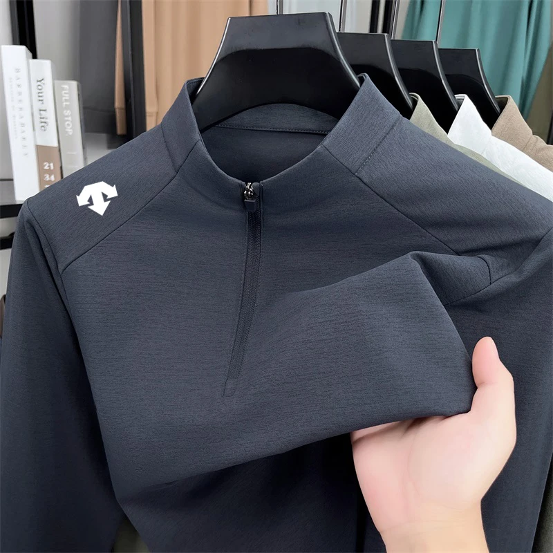 迪桑秋季新款半拉链T恤男士户外运动速干透气立领休闲纯色上衣男