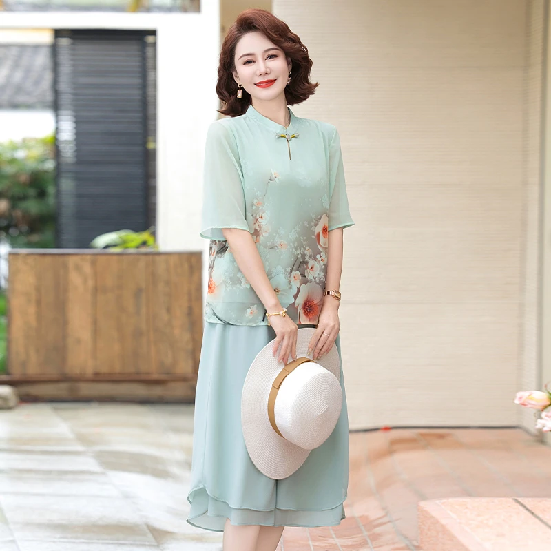 【母亲节】妈妈装夏季雪纺套装新款中年女连衣裙中年短袖50两件套装
