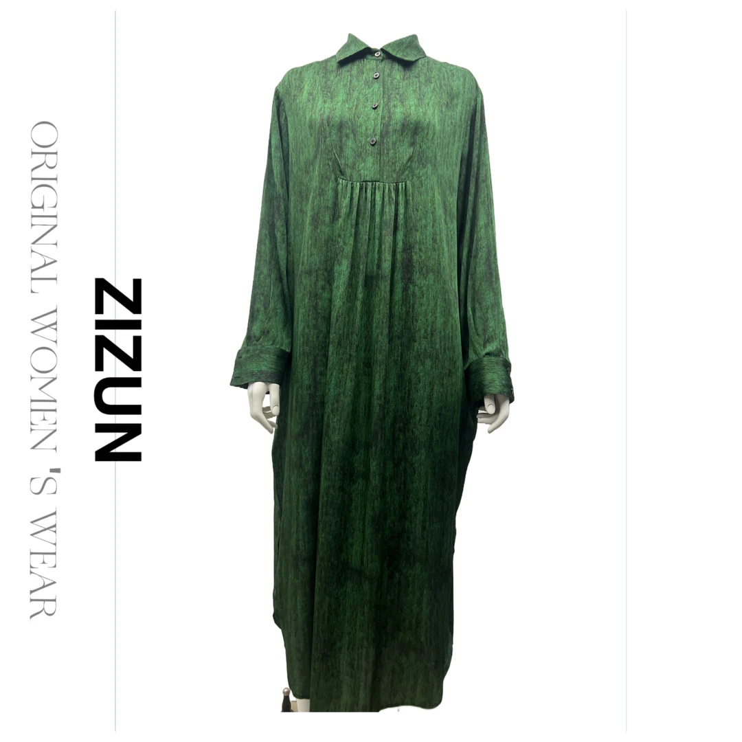ZIZUN/姿の尊高定秋季桑蚕丝设计师衬衫领长袖连衣裙