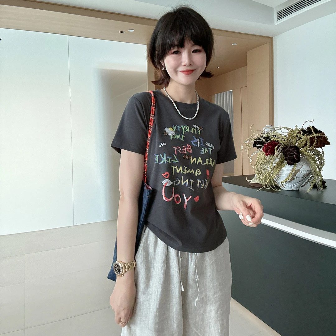 夏季彩色字母圆领修身显瘦短袖T恤