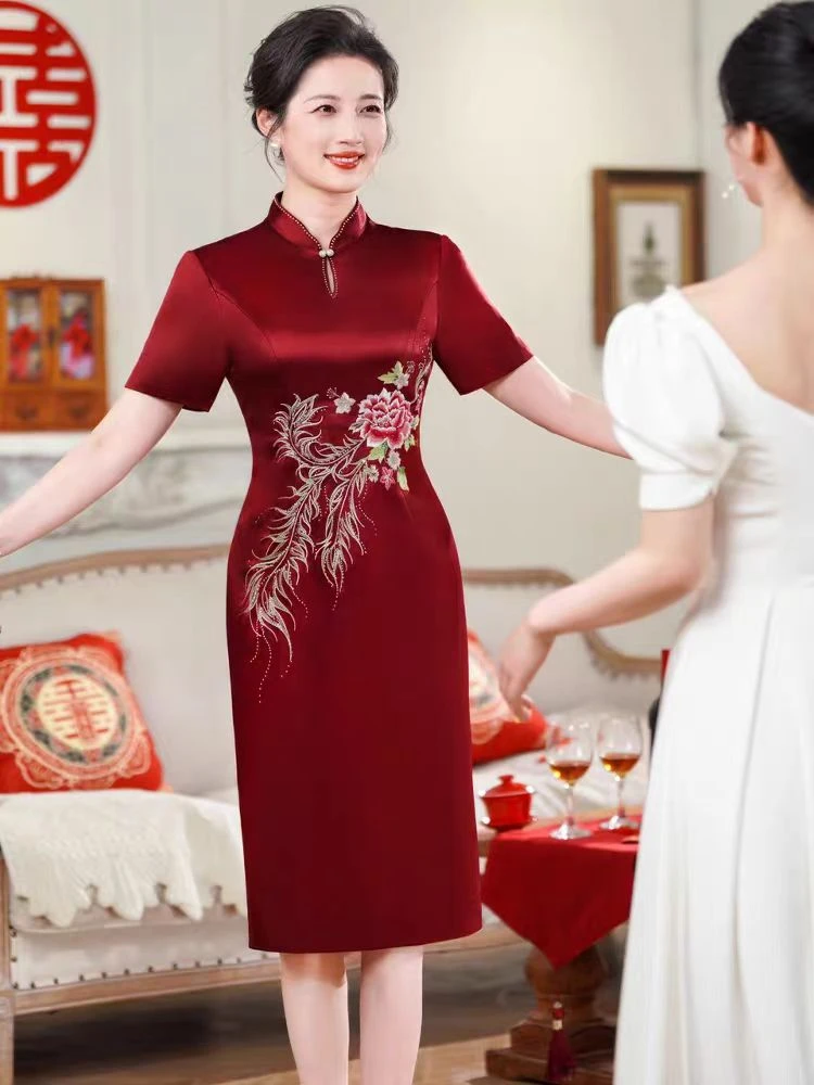 （凤戏牡丹）喜妈妈喜婆婆婚礼宴会高端醋酸刺绣水滴领旗袍