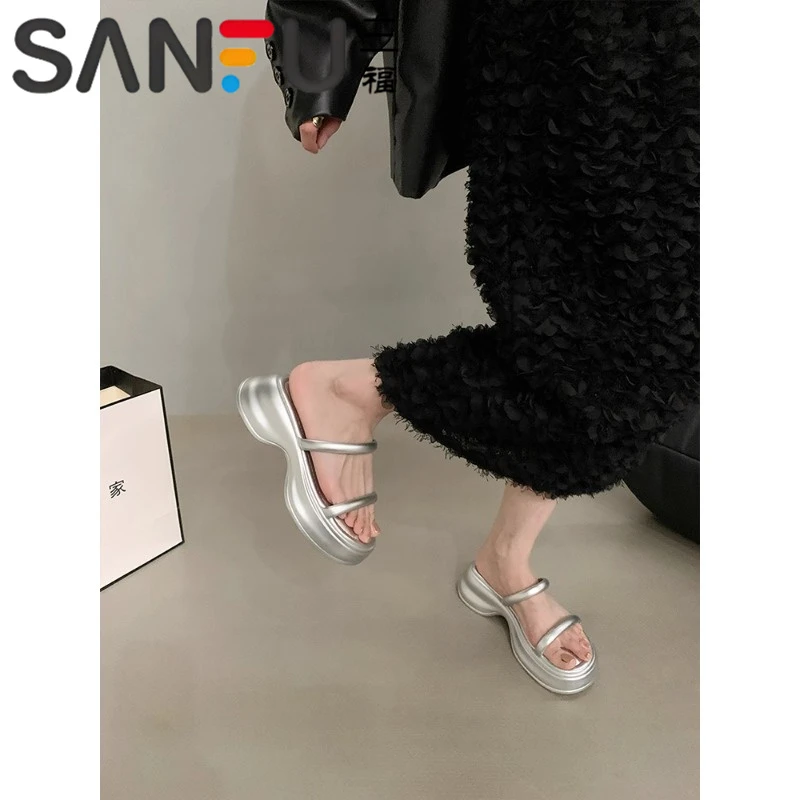 三福松糕厚底凉拖鞋女夏季外穿2025新款配裙子小个子高级感一字拖
