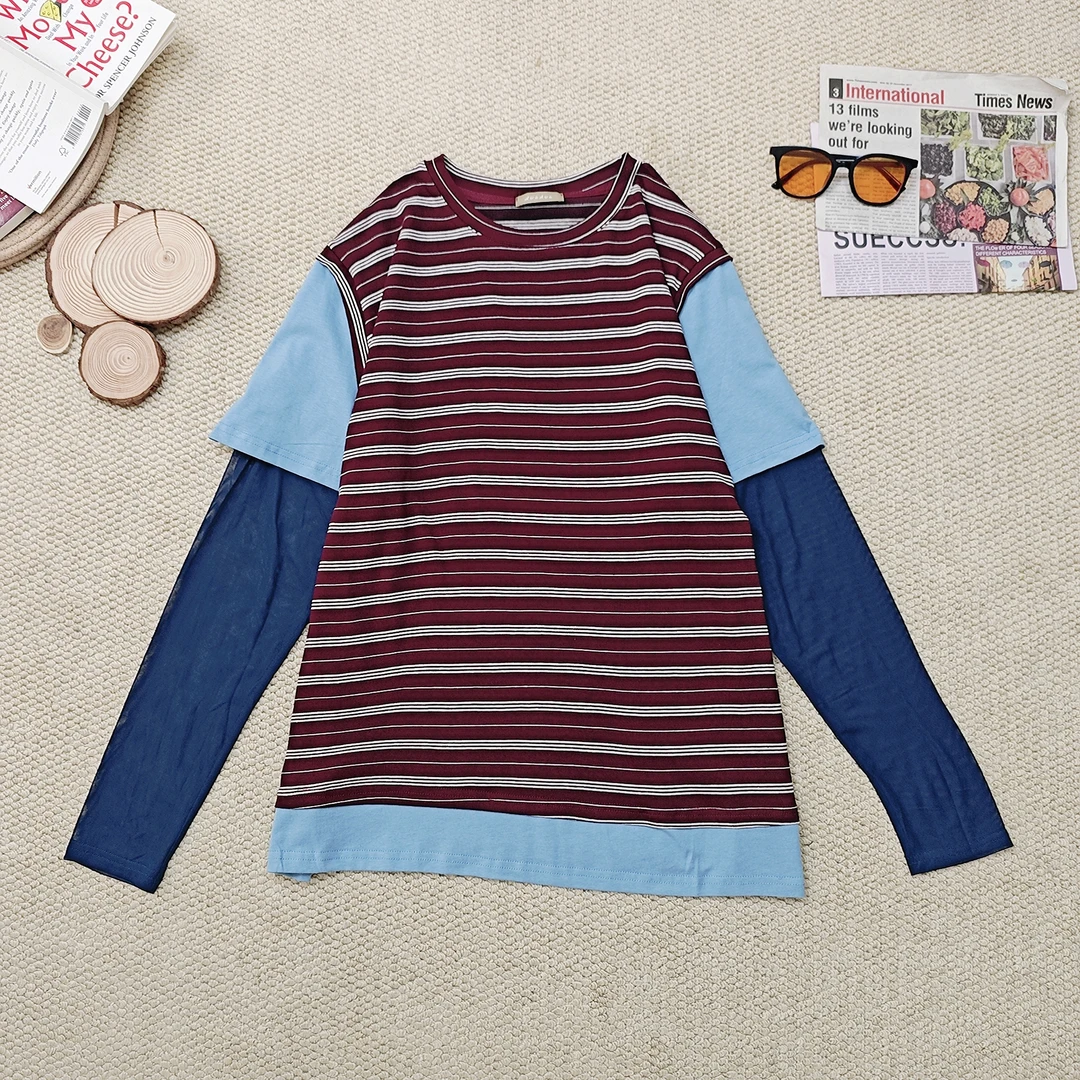 2025夏季新款拼色条纹假三件防晒长袖T恤2397