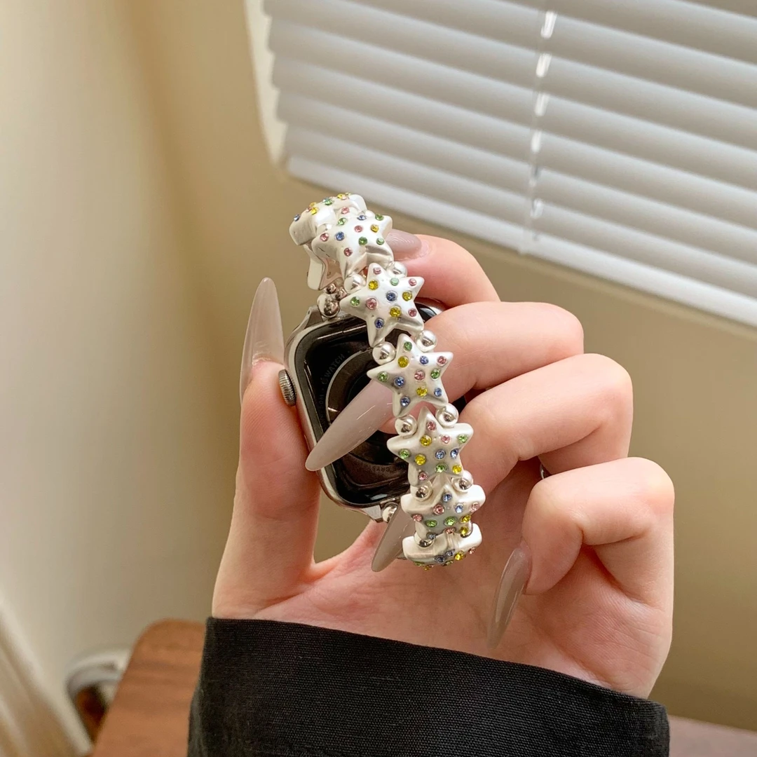 适用苹果手表iwatchS10表带S8弹力SE彩钻星星7链条applewatchS9女