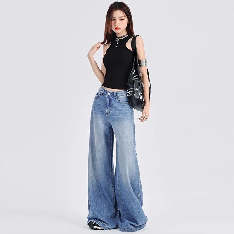 天丝阔腿牛仔裤女夏季慵懒垂感高腰宽松凉感美式水洗蓝拖地长裤子